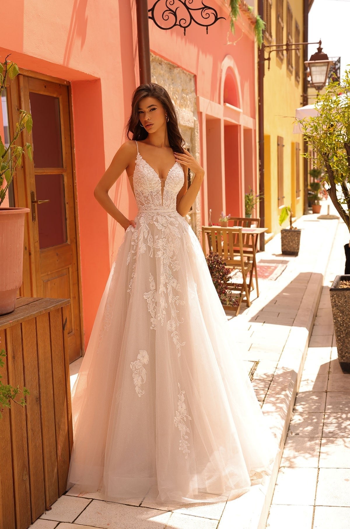 Wedding Dresses Long Lace Applique Beaded Bridal Wedding Dress Amarra 85694 Ivory/Nude