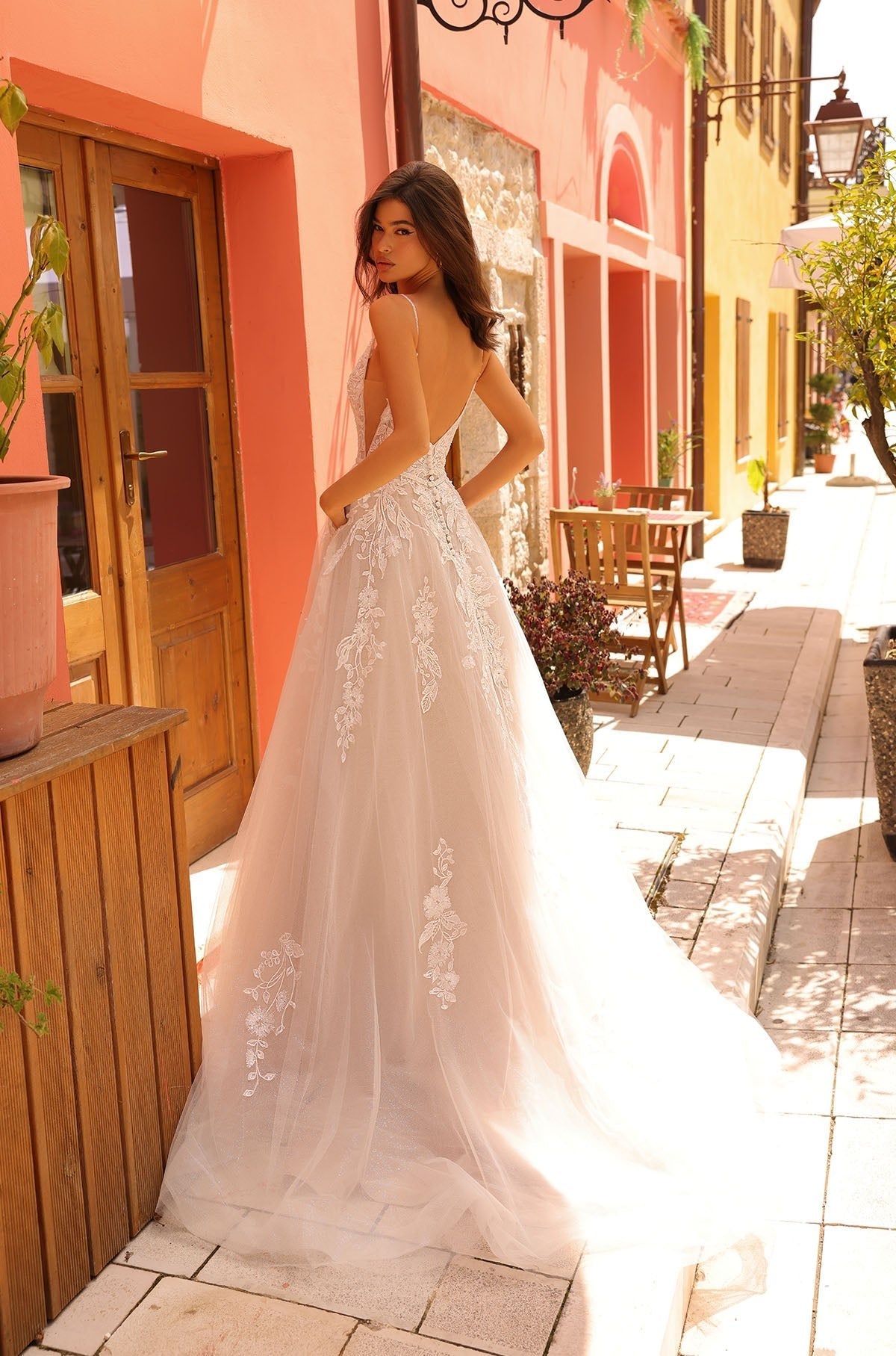 Wedding Dresses Long Lace Applique Beaded Bridal Wedding Dress Amarra 85694 Ivory/Nude