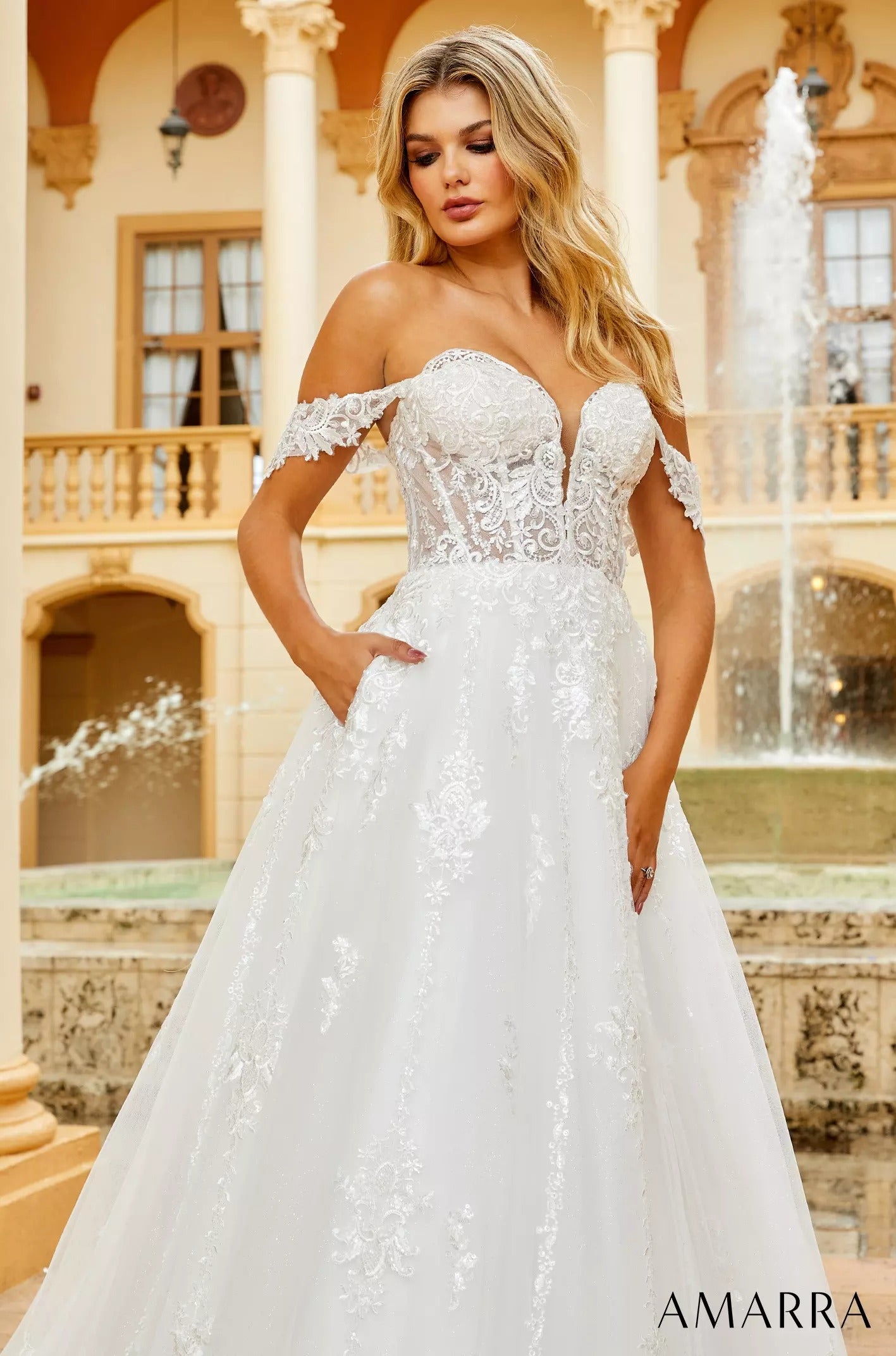 Wedding Dresses Long A Line Sequin Lace Bridal Wedding Dress Amarra 84373 Ivory/Ivory