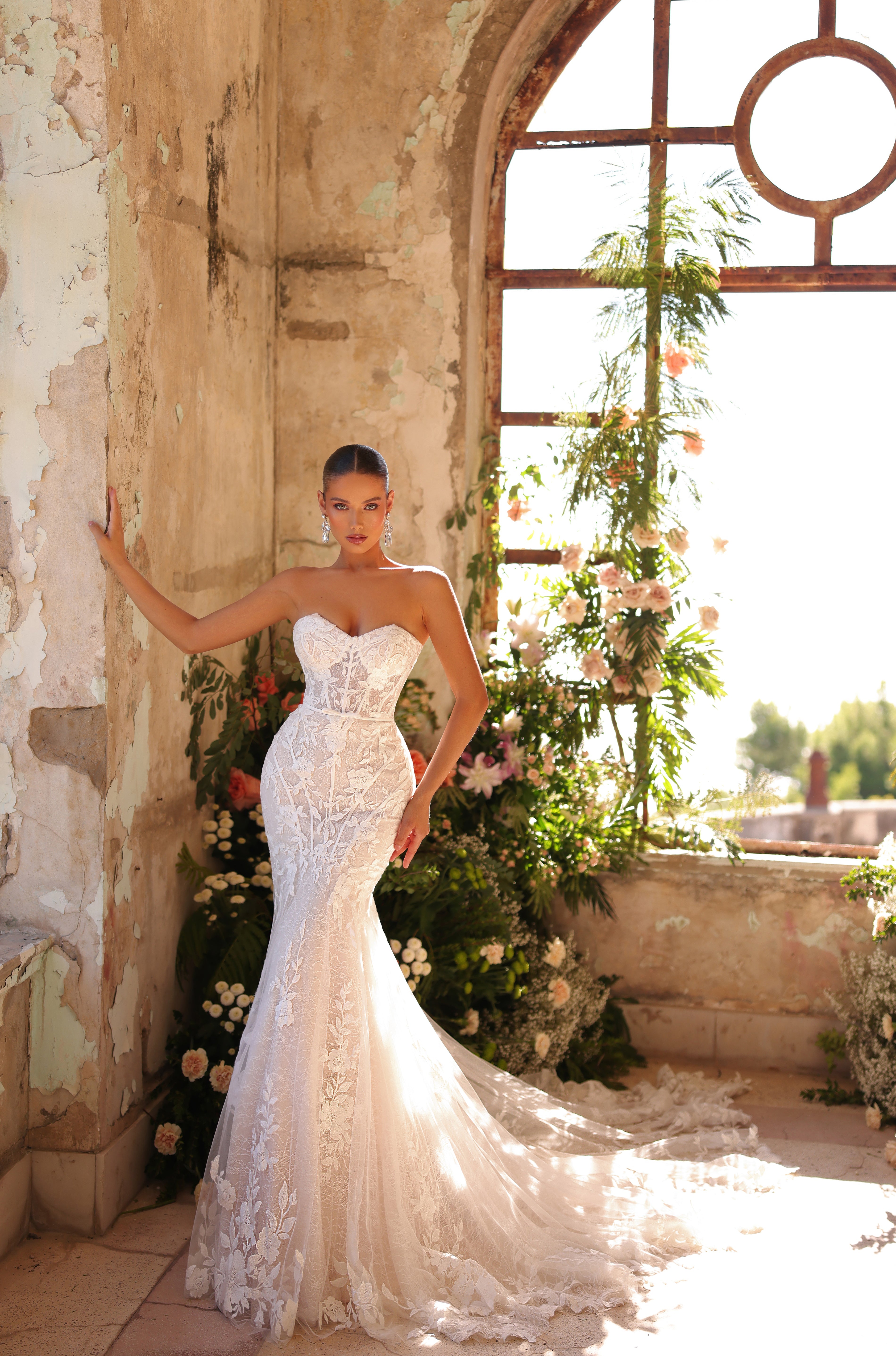 Wedding Dresses Long Floral Applique Mermaid Wedding Dress Amarra 89107 Ivory/Nude