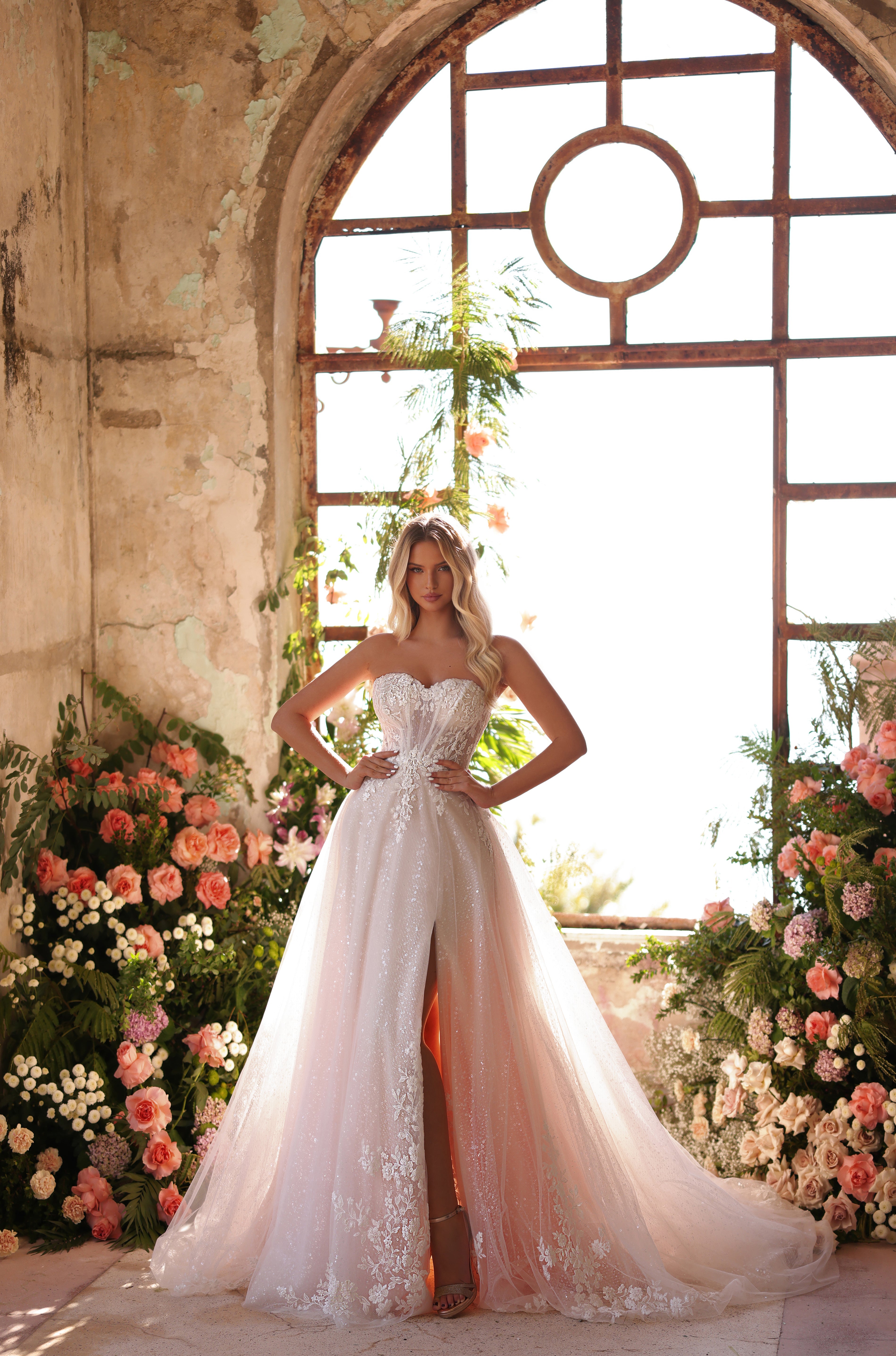Wedding Dresses Floral Long Lace Applique Slit Corset Wedding Dress Amarra 89121 Ivory/Nude