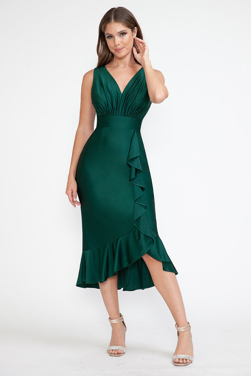 Cocktail Dresses Midi Short Cocktail Ruffle Dress Lenovia 5280 Hunter Green-Metallic-5280-Ruffle