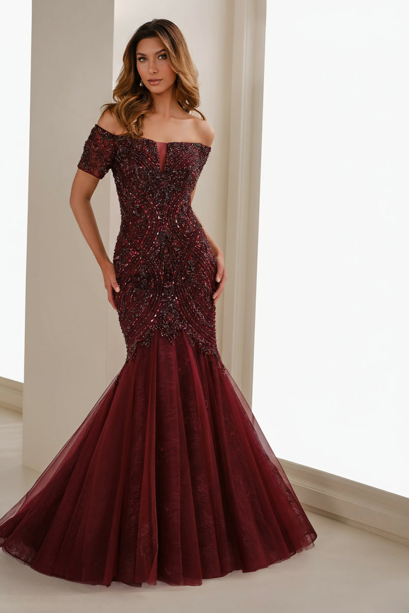 Formal Dresses Long Mermaid Formal Beaded Evening Gown Merlot