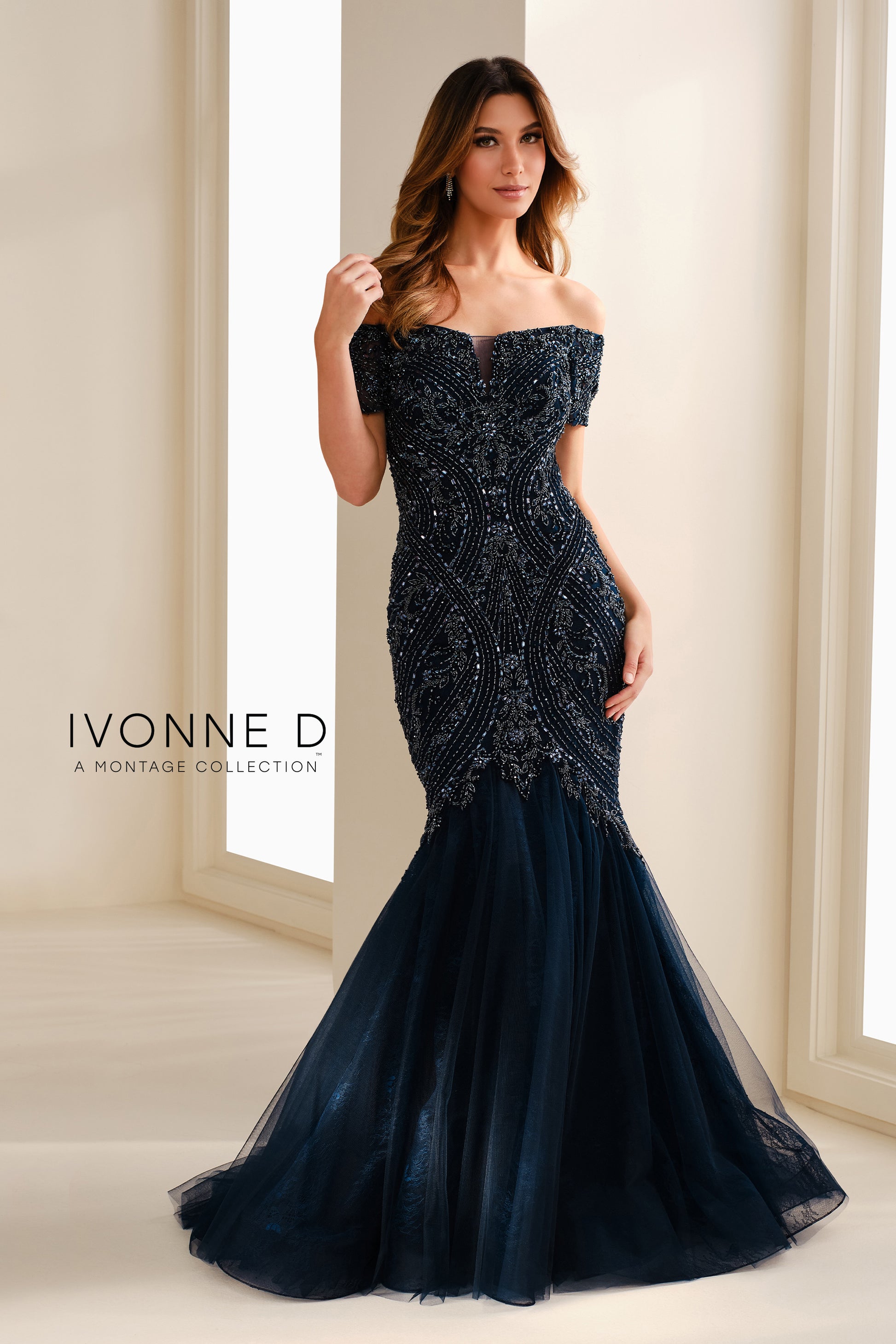 Ivonne D ID1402 Long Mermaid Formal Beaded Evening Gown