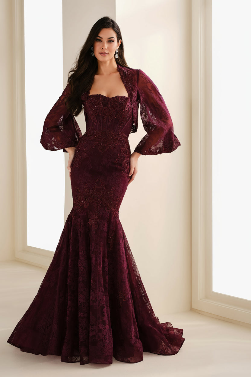 Formal Dresses Long Formal Floral Lace Evening Jacket Dress Aubergine