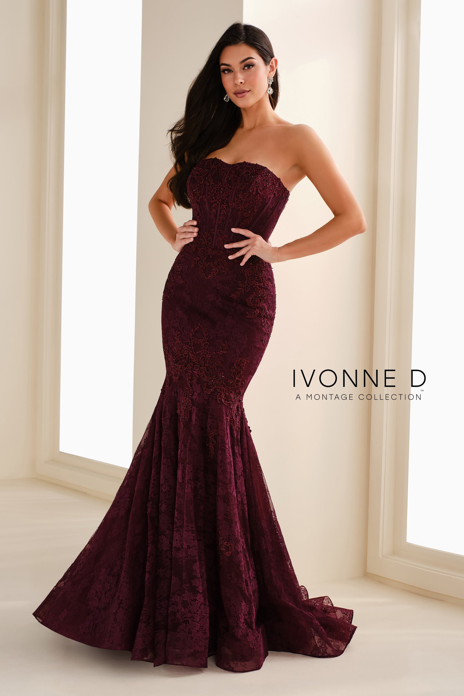 Ivonne D ID1403 Long Formal Floral Lace Evening Jacket Dress