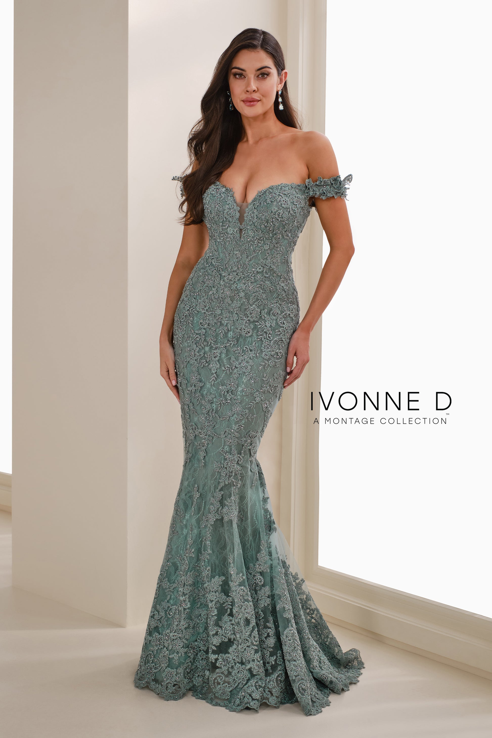 Ivonne D ID1407 Long Mermaid Formal Beaded Lace Evening Gown