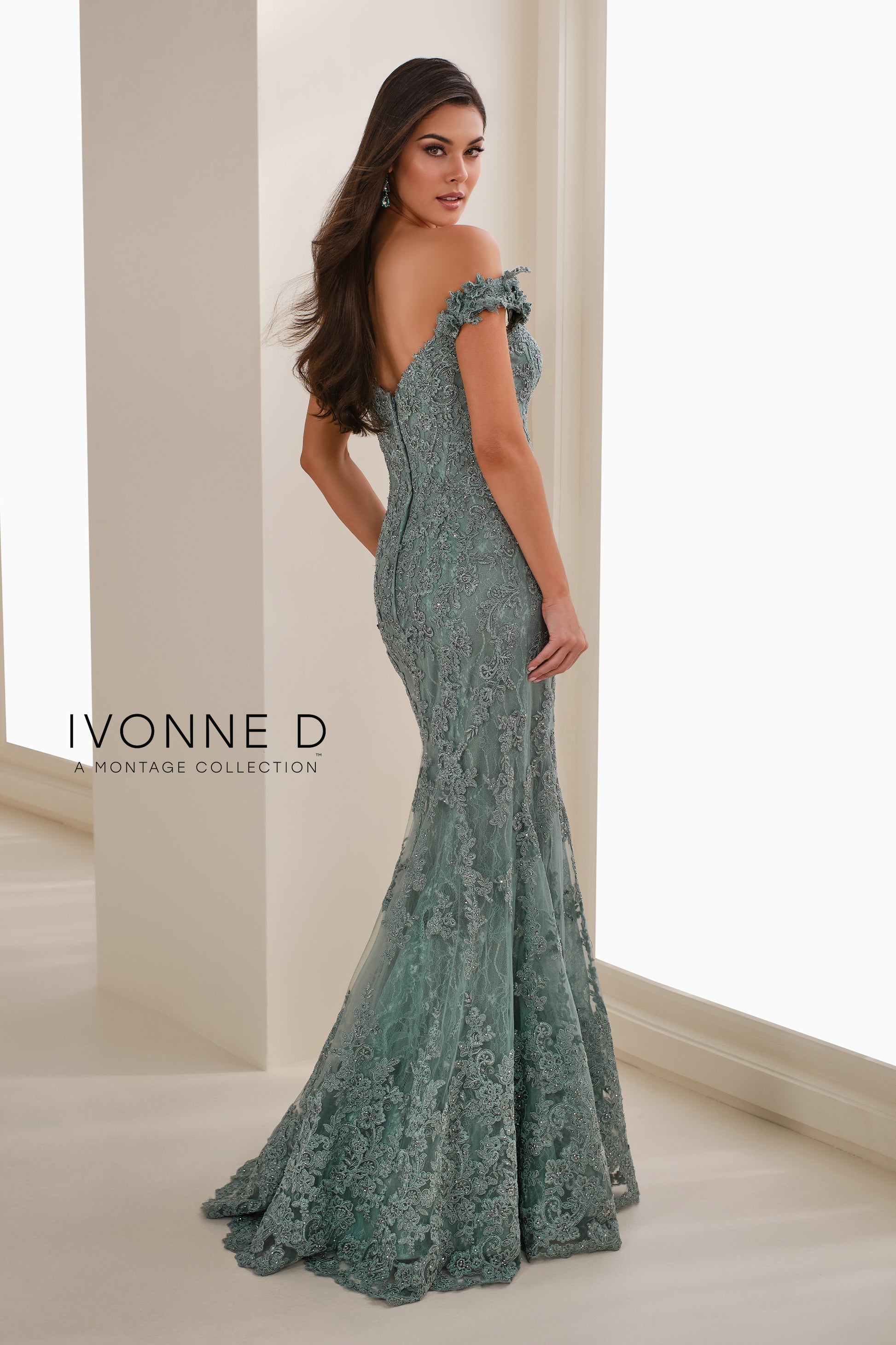 Ivonne D ID1407 Long Mermaid Formal Beaded Lace Evening Gown