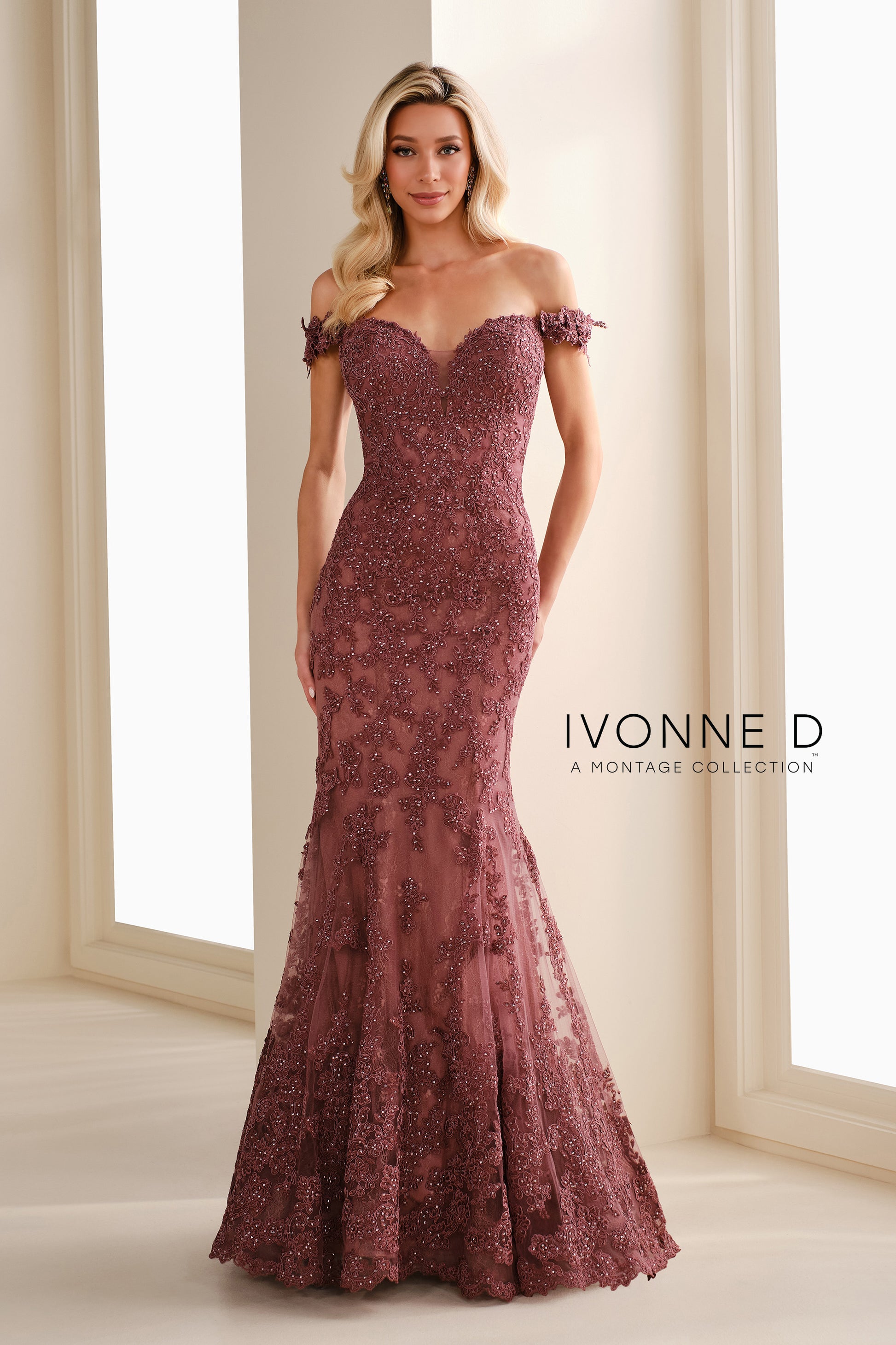 Ivonne D ID1407 Long Mermaid Formal Beaded Lace Evening Gown