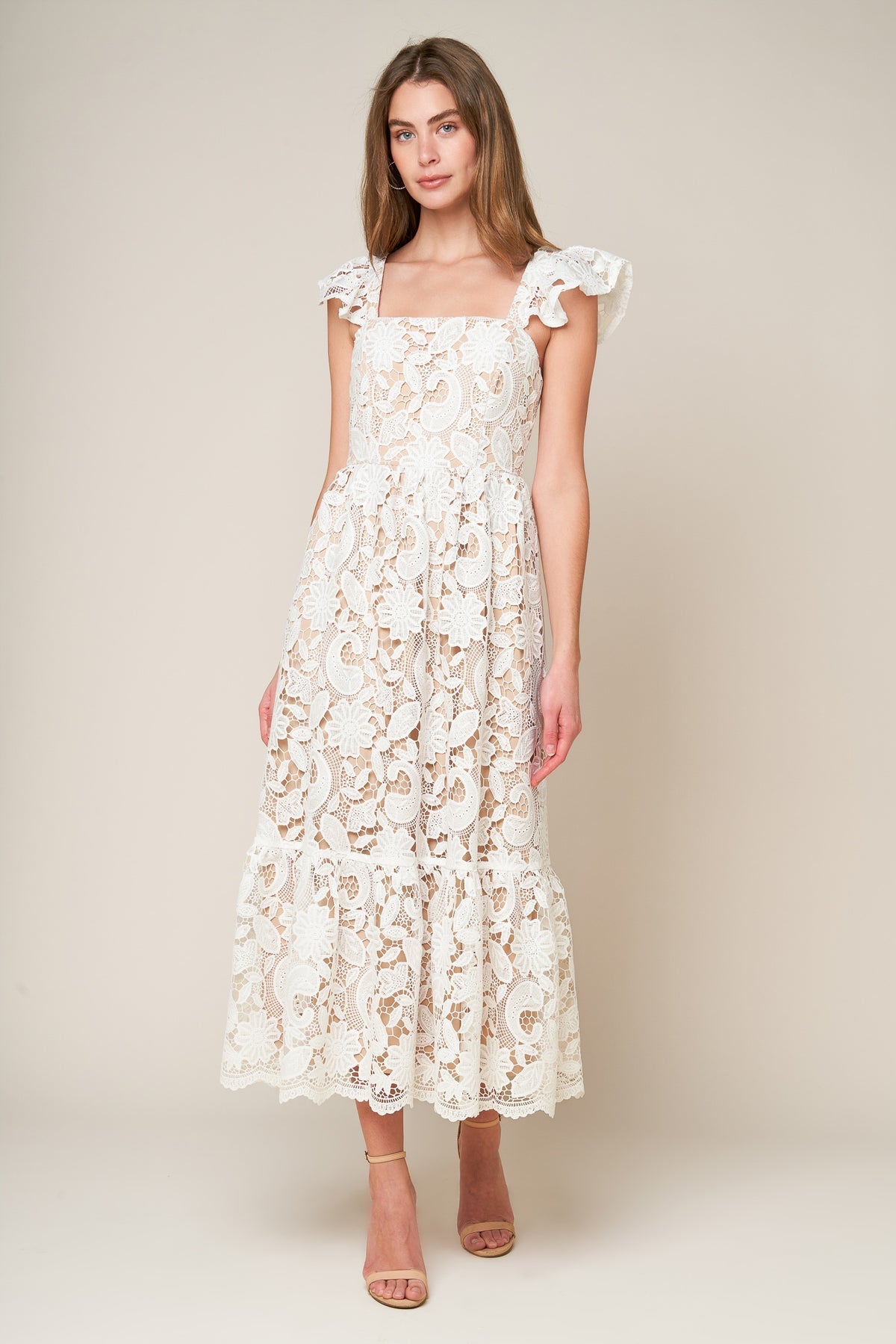 White Square Neck Midi-Length Floral Wedding Dress Lace Flying Tomato ID20631