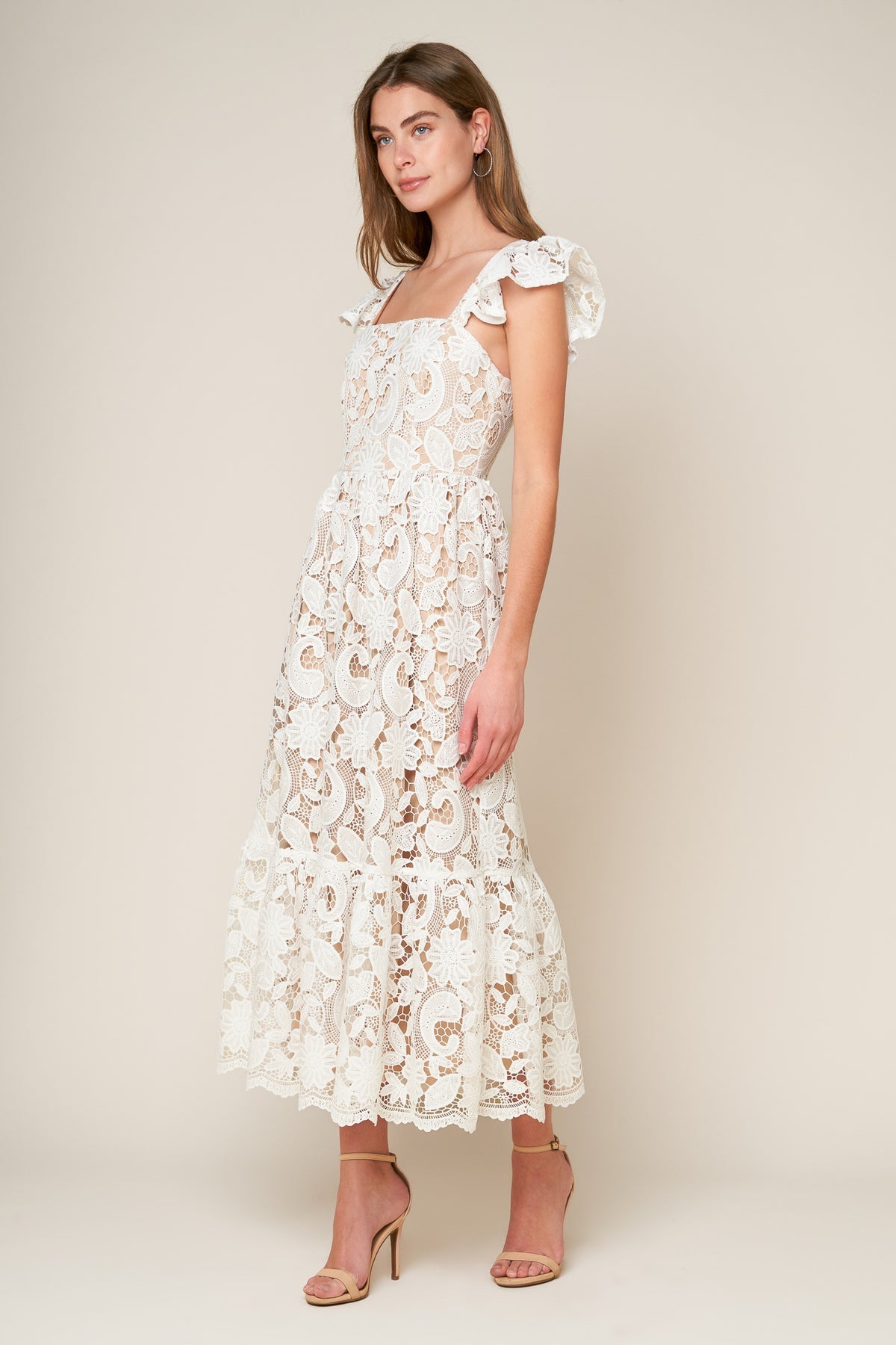 White Square Neck Midi-Length Floral Wedding Dress Lace Flying Tomato ID20631