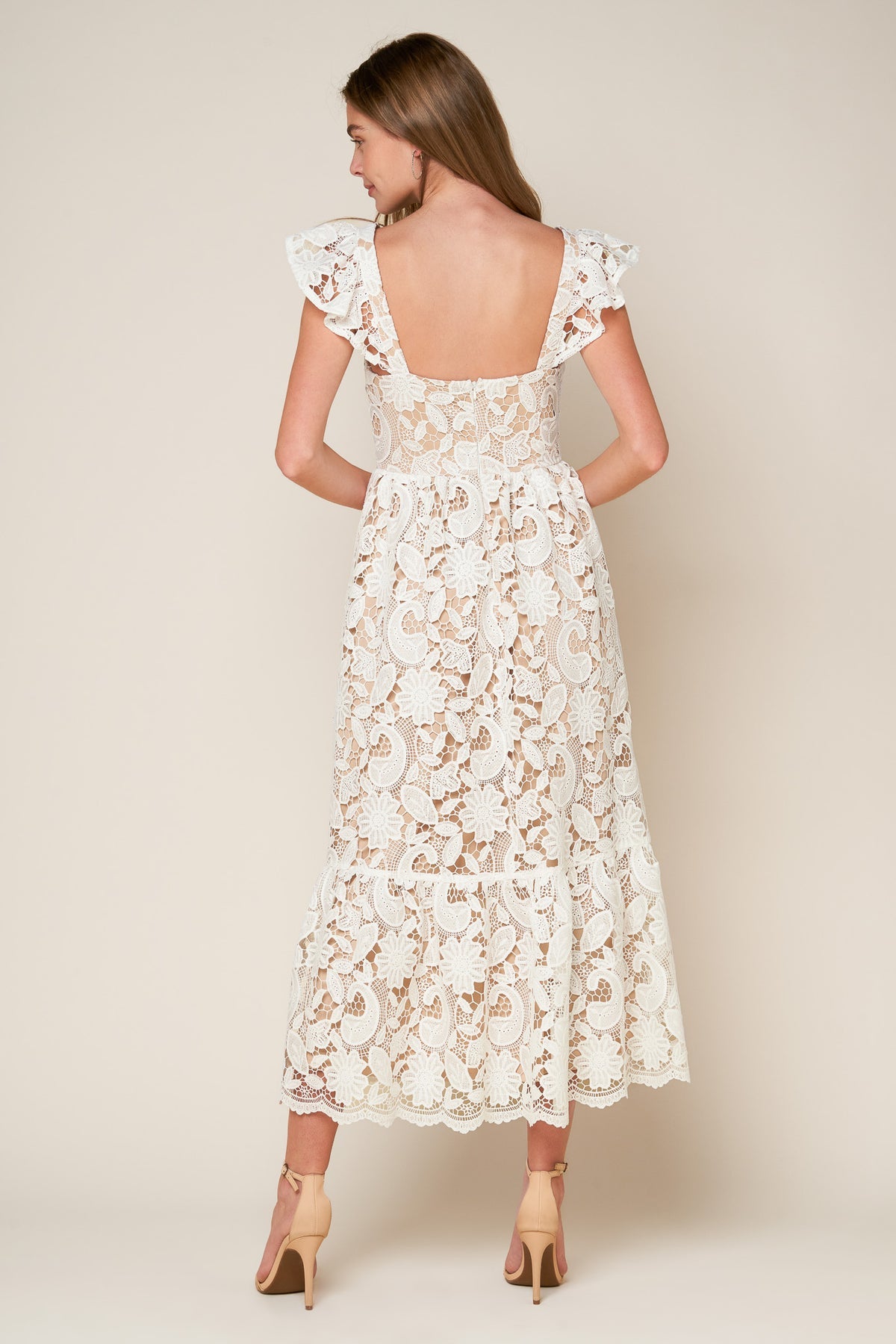 White Square Neck Midi-Length Floral Wedding Dress Lace Flying Tomato ID20631