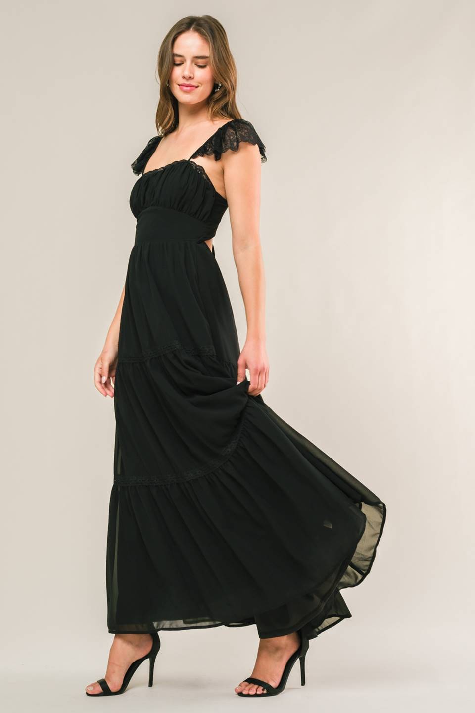 Cocktail Dresses Fitted Ruffle Tea Length Lace Cocktail Dress Black