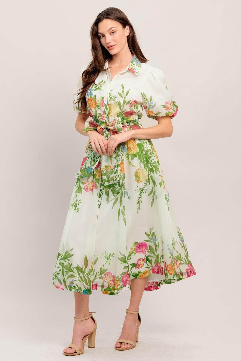 FRESH BLOSSOM IVORY WOVEN MIDI DRESS, IVORY / M