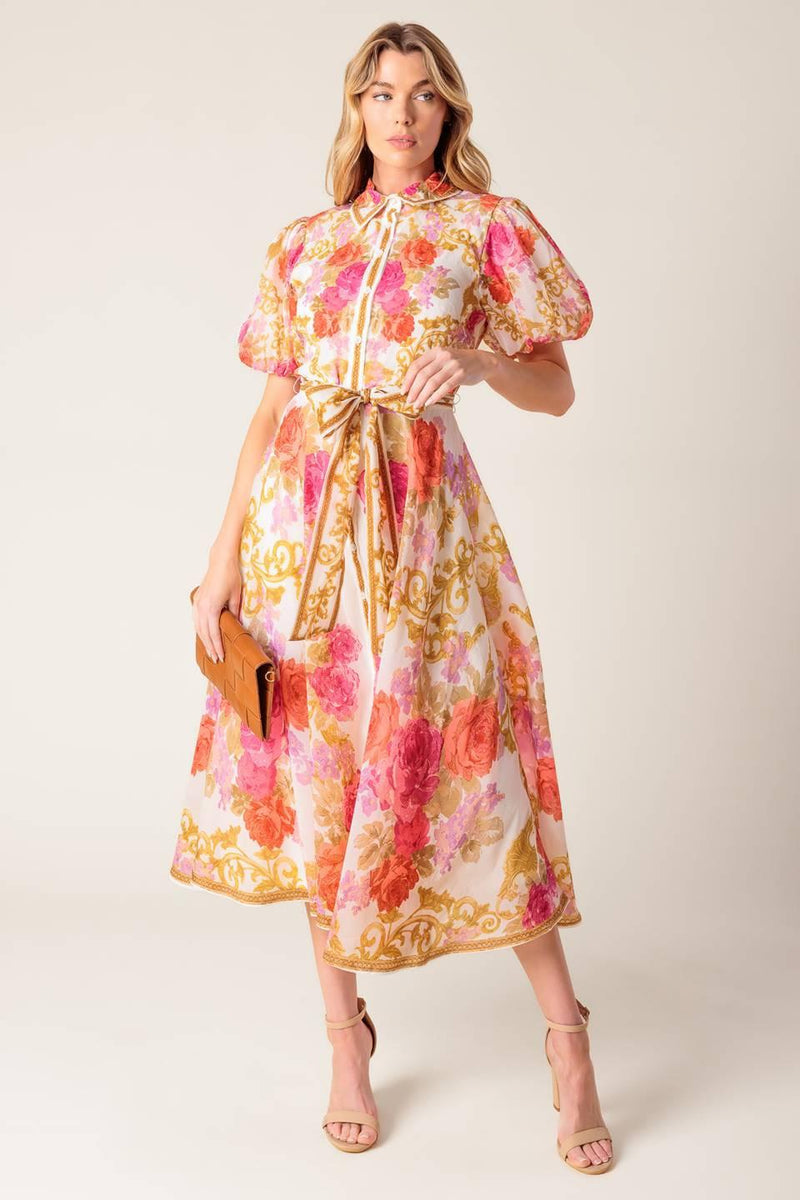 Crew-Neck Midi Organza Wedding Guest A-Line Dress Flying Tomato ID21563