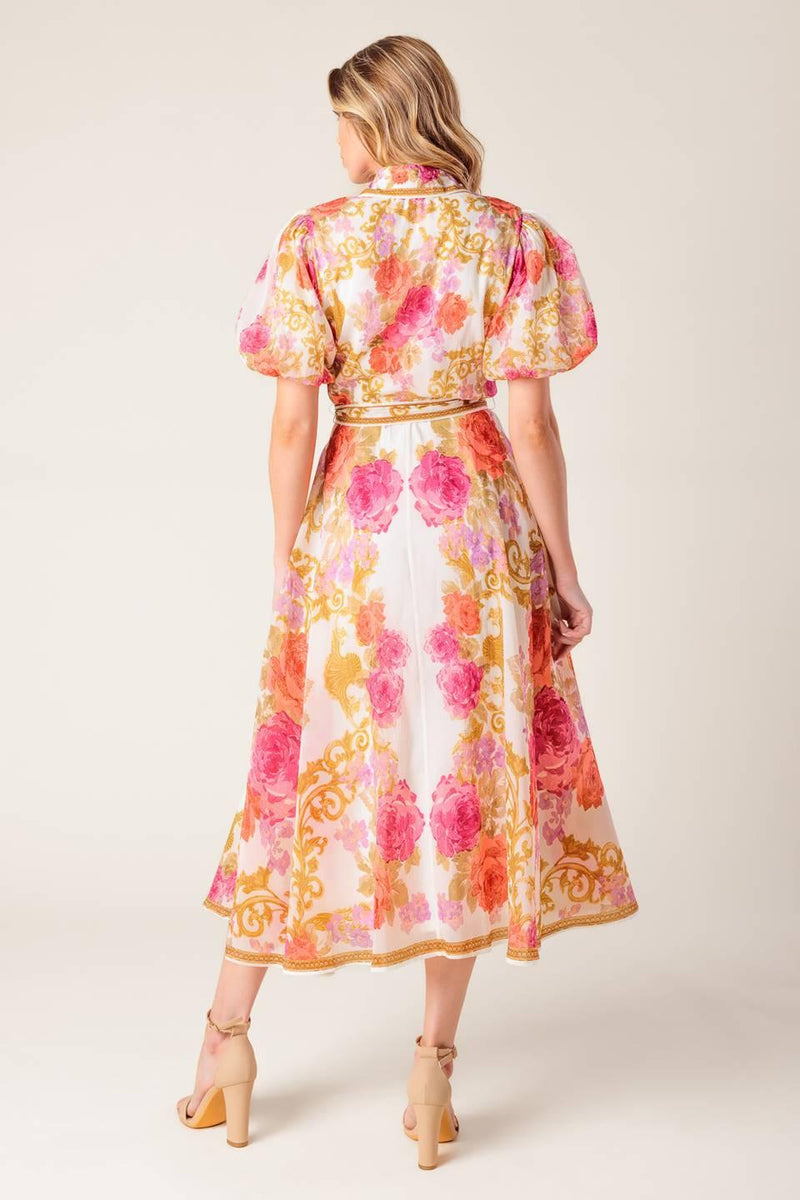 Crew-Neck Midi Organza Wedding Guest A-Line Dress Flying Tomato ID21563