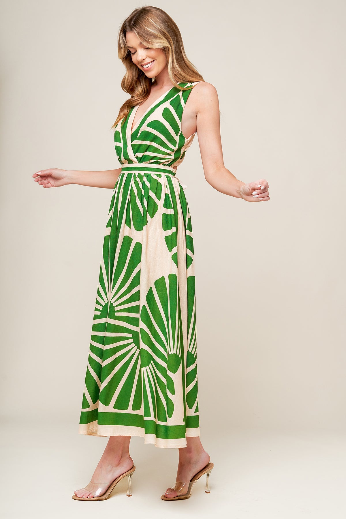 Taupe/Green Deep V-Neck Tea Length Floral Cocktail Garden Party Tiered Dress Flying Tomato ID21842