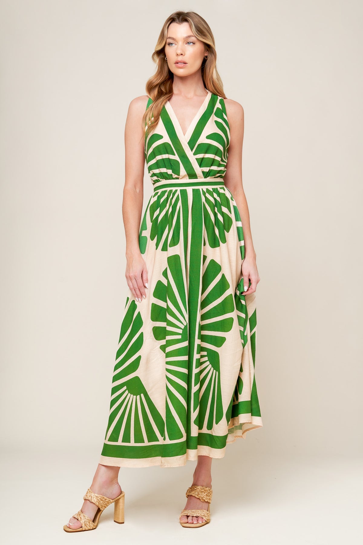 Taupe/Green Deep V-Neck Tea Length Floral Cocktail Garden Party Tiered Dress Flying Tomato ID21842
