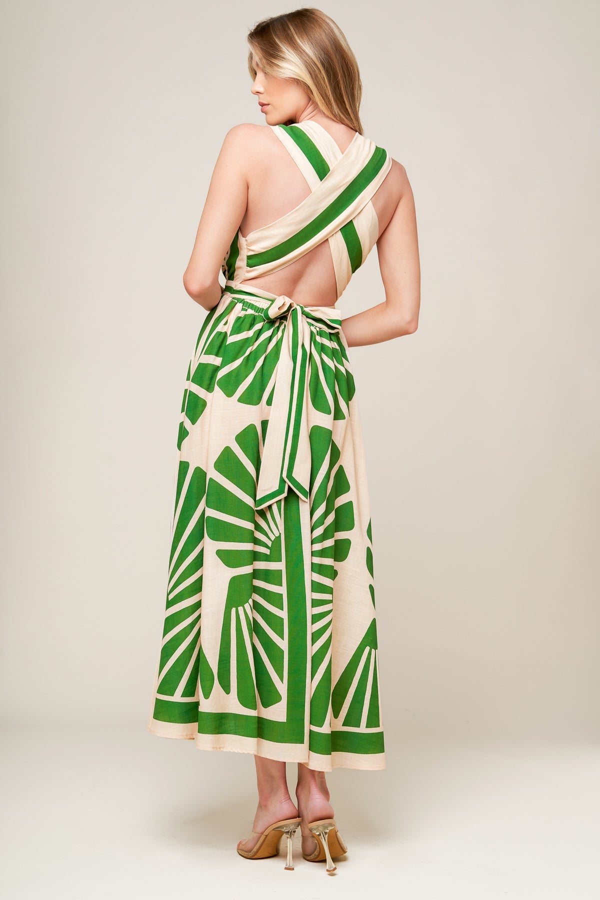 Taupe/Green Deep V-Neck Tea Length Floral Cocktail Garden Party Tiered Dress Flying Tomato ID21842