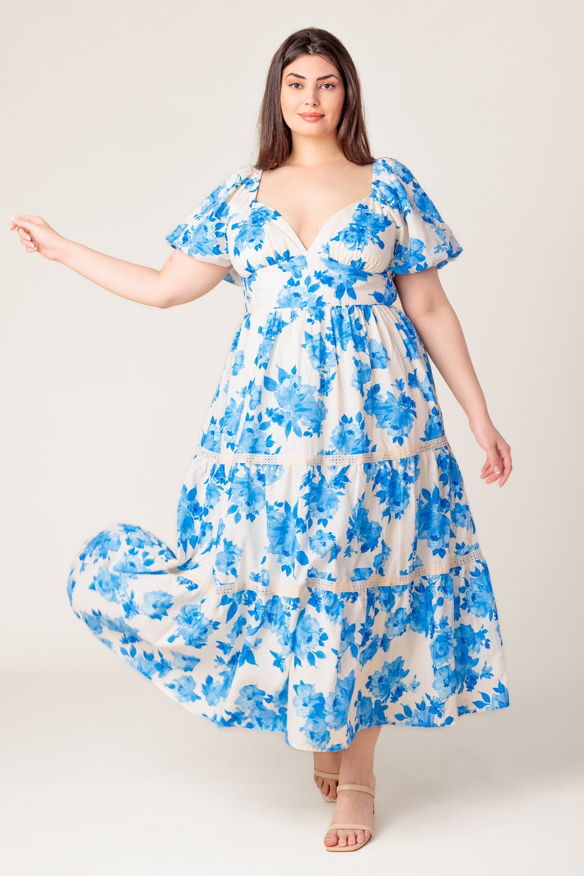 Ivory/Blue V-Neck Midi Cotton Casual Summer Puff Sleeve Tiered Dress Flying Tomato ID21885