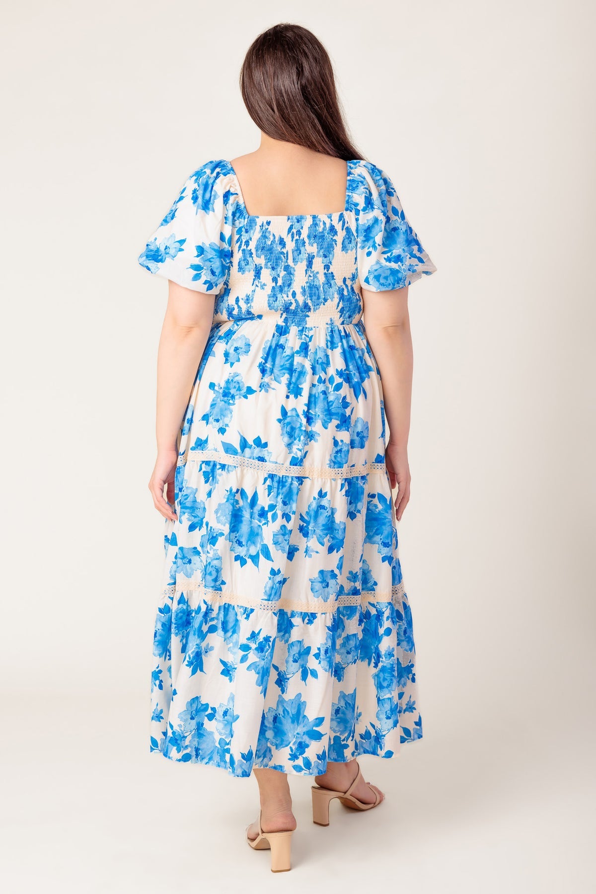 Ivory/Blue V-Neck Midi Cotton Casual Summer Puff Sleeve Tiered Dress Flying Tomato ID21885