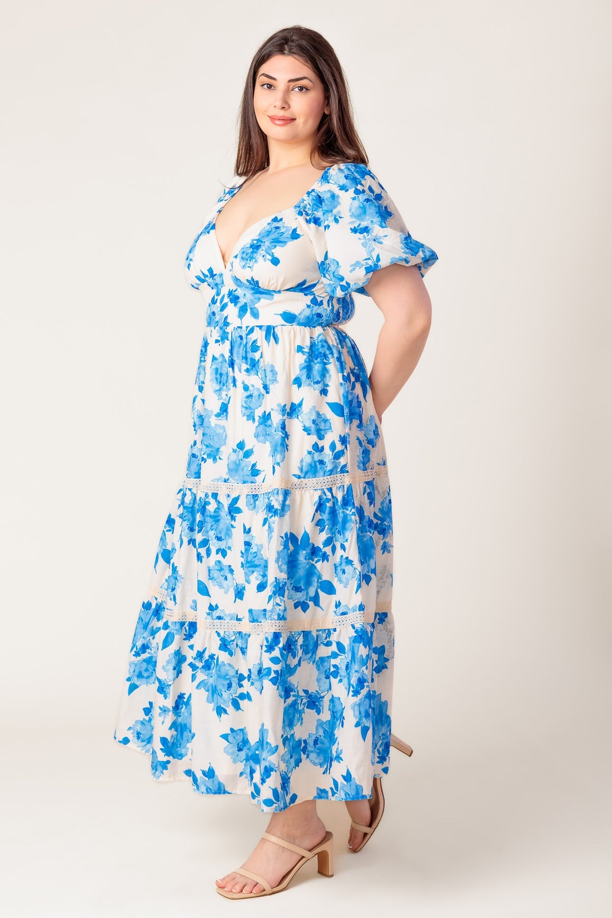 Ivory/Blue V-Neck Midi Cotton Casual Summer Puff Sleeve Tiered Dress Flying Tomato ID21885