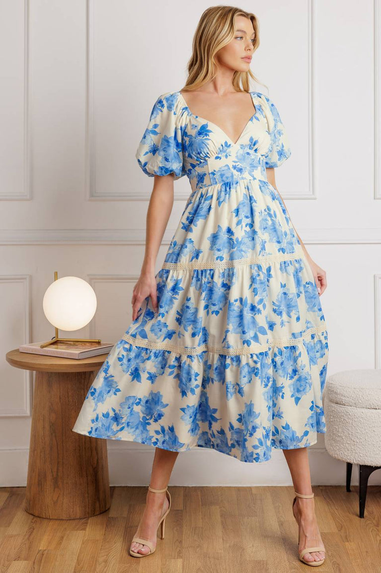 Ivory/Blue V-Neck Midi Cotton Casual Summer Puff Sleeve Tiered Dress Flying Tomato ID21885