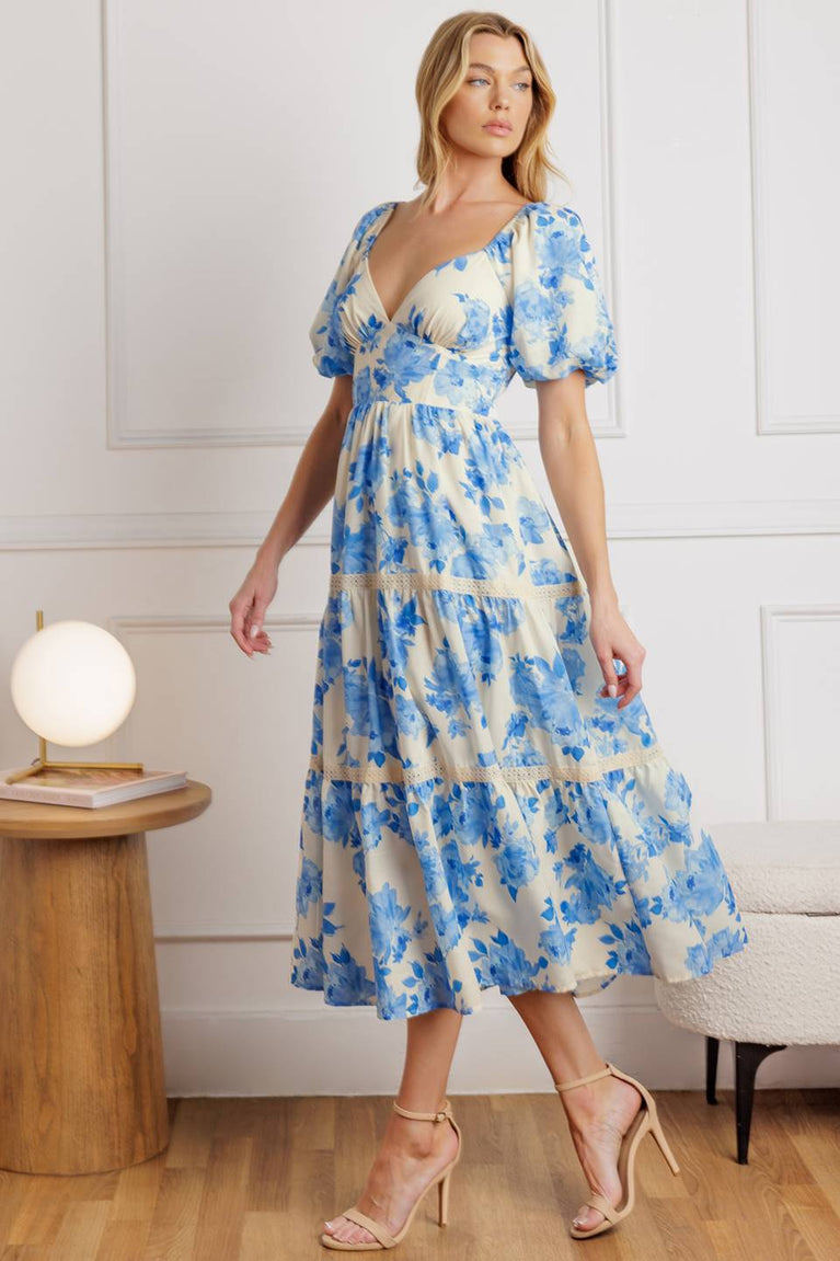 Ivory/Blue V-Neck Midi Cotton Casual Summer Puff Sleeve Tiered Dress Flying Tomato ID21885