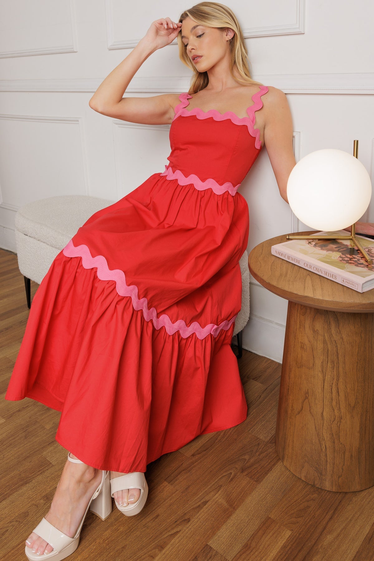 Red Square Neck Midi Cotton Poplin Cocktail Tiered Dress with Scalloped Trim Flying Tomato ID21946