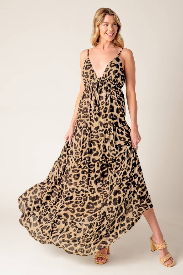 Leopard Deep V-Neck Floor Length Tiered Leopard Print Maxi Dress Flying Tomato ID21952