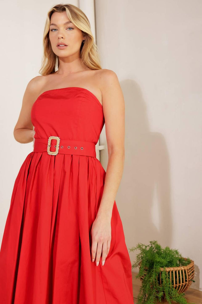 Strapless Straight Neck Midi Satin Cocktail A-Line Flying Tomato ID21958
