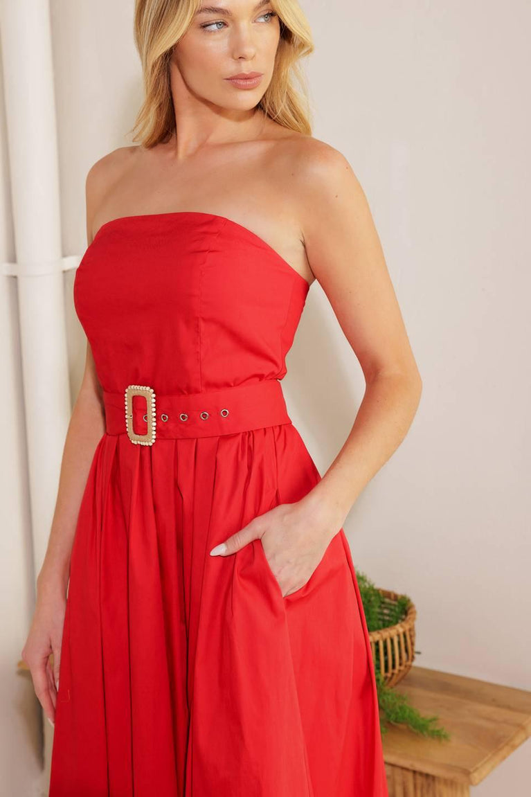 Strapless Straight Neck Midi Satin Cocktail A-Line Flying Tomato ID21958
