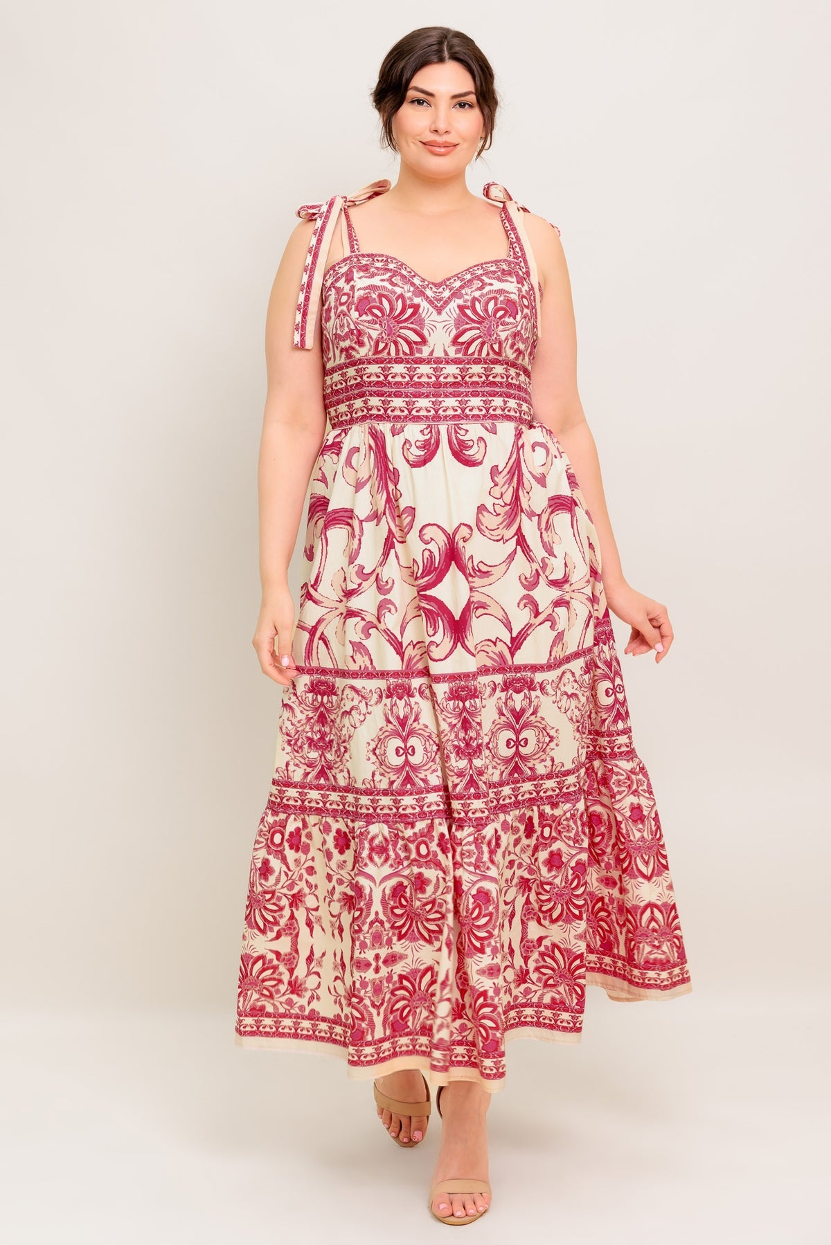 Pink Combo Sweetheart Midi Cotton Casual Cocktail Summer Tie-Strap Tiered Dress Flying Tomato ID22052