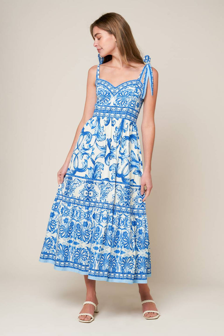 Blue/Combo Sweetheart Midi Cotton Casual Cocktail Summer Tie-Strap Tiered Dress Flying Tomato ID22052