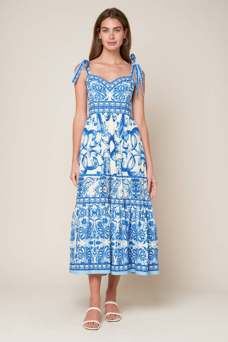 Blue/Combo Sweetheart Midi Cotton Casual Cocktail Summer Tie-Strap Tiered Dress Flying Tomato ID22052