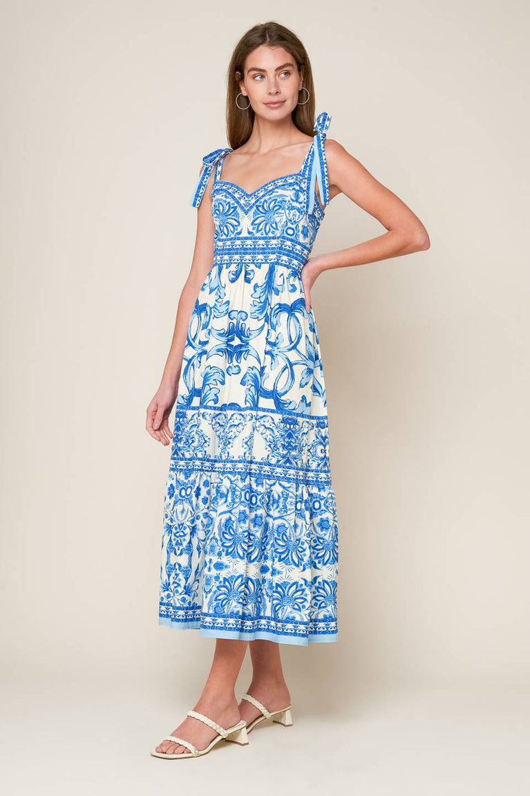 Blue/Combo Sweetheart Midi Cotton Casual Cocktail Summer Tie-Strap Tiered Dress Flying Tomato ID22052