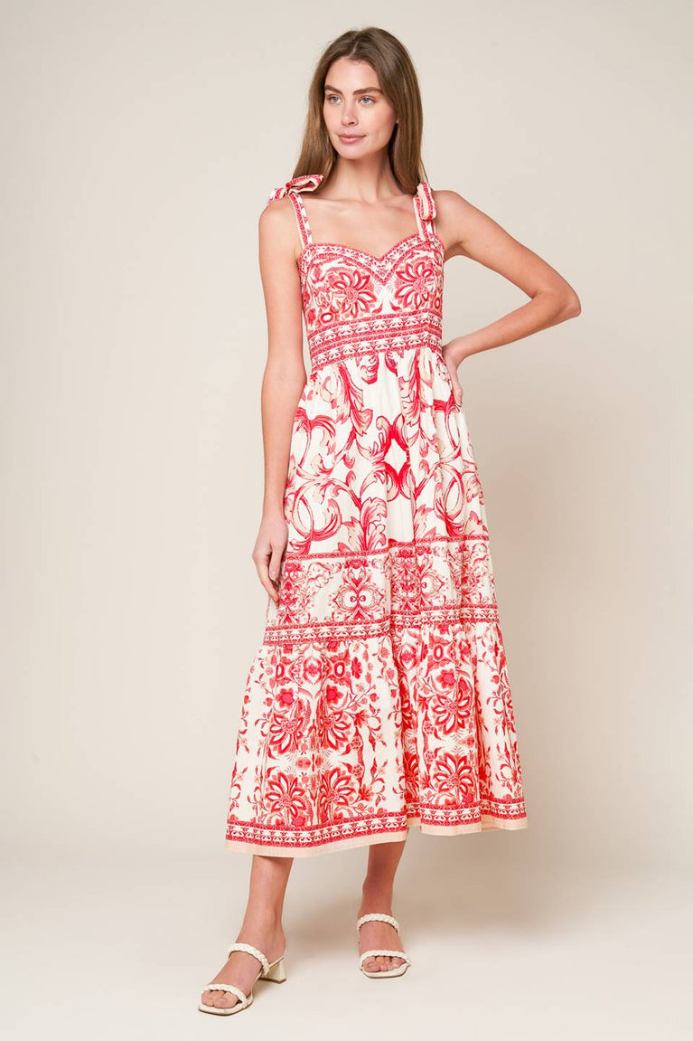 Pink Combo Sweetheart Midi Cotton Casual Cocktail Summer Tie-Strap Tiered Dress Flying Tomato ID22052