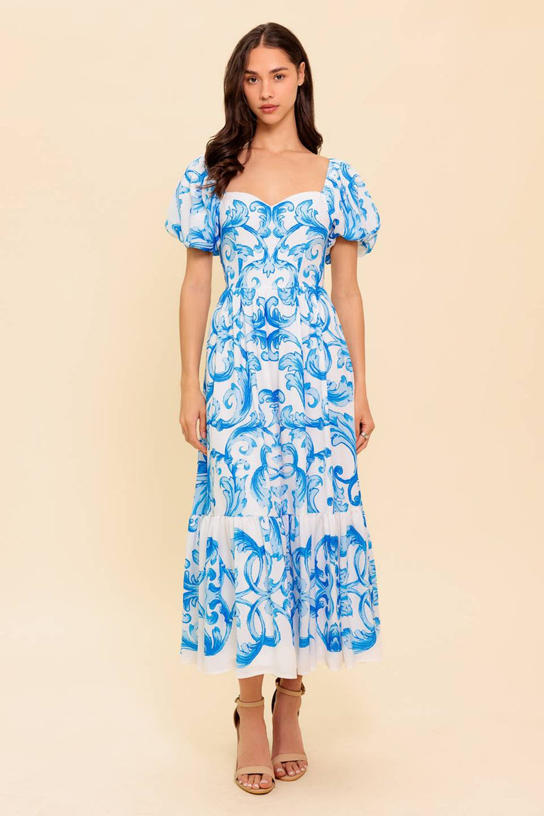 White/Blue Sweetheart Midi Cotton Cocktail Floral Print Dress with Puff Sleeves Flying Tomato ID22059