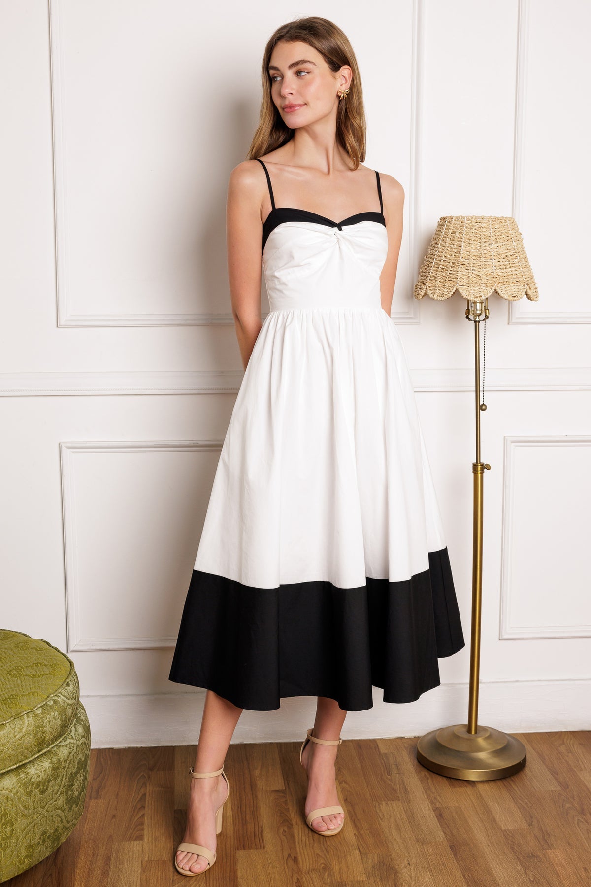 White/Black Sweetheart Midi Cotton Poplin Cocktail Dress with Twisted Bust Flying Tomato ID22171