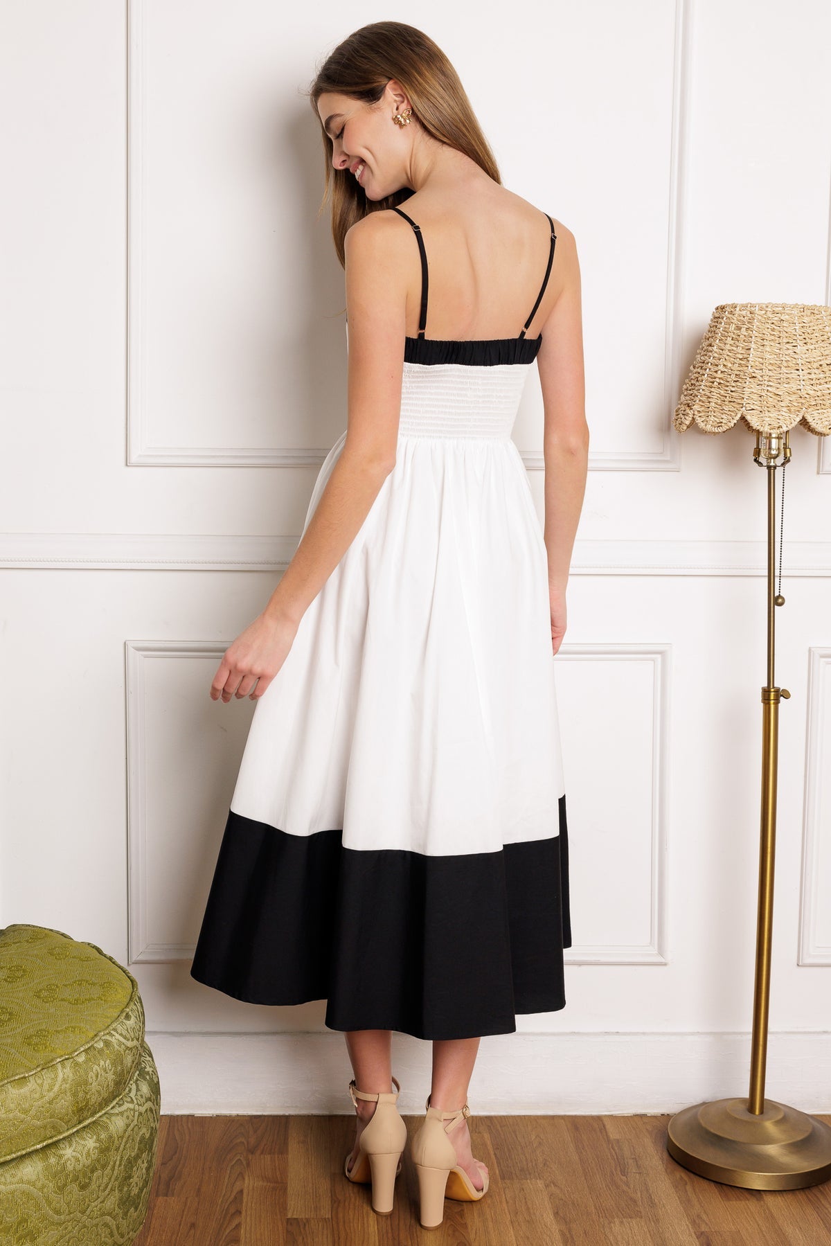 White/Black Sweetheart Midi Cotton Poplin Cocktail Dress with Twisted Bust Flying Tomato ID22171
