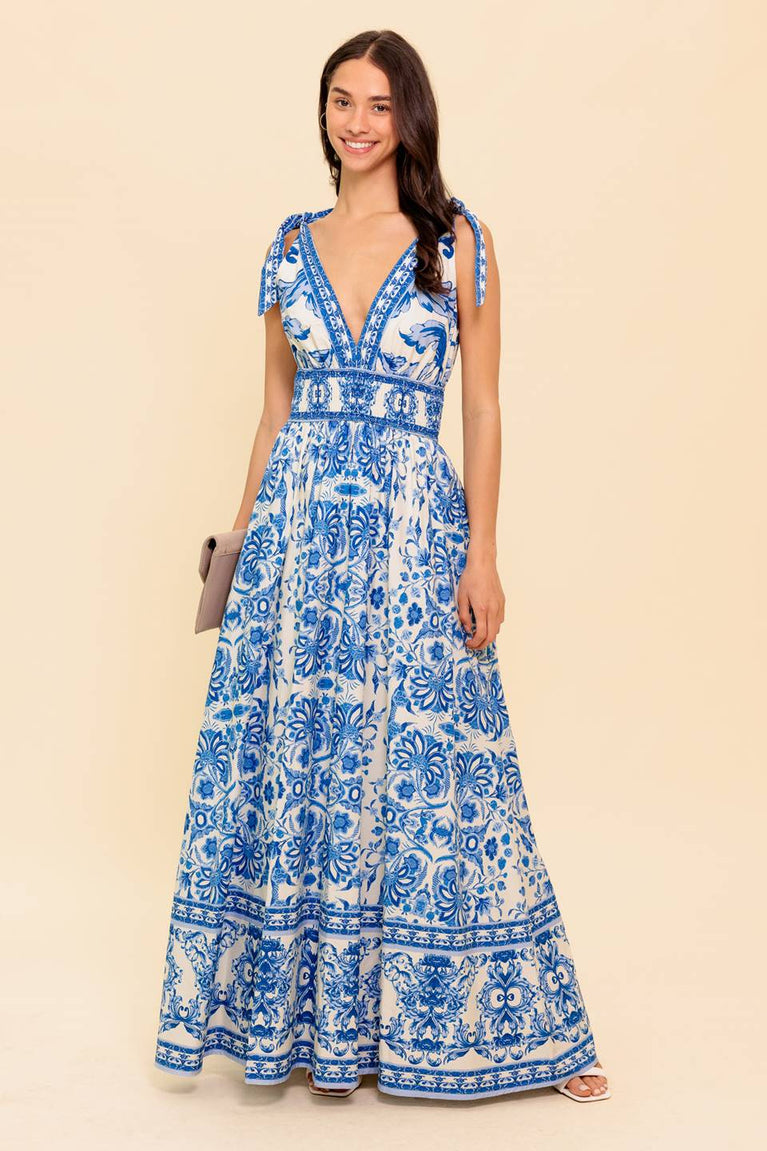 Ivory Blue Deep V-Neck Tie-Shoulder Floral Maxi Garden Party Dress Flying Tomato ID22288