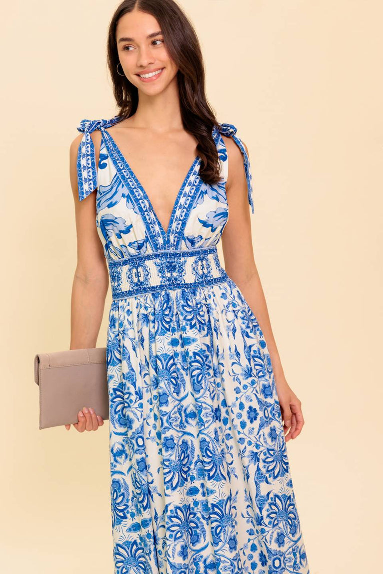 Ivory Blue Deep V-Neck Tie-Shoulder Floral Maxi Garden Party Dress Flying Tomato ID22288