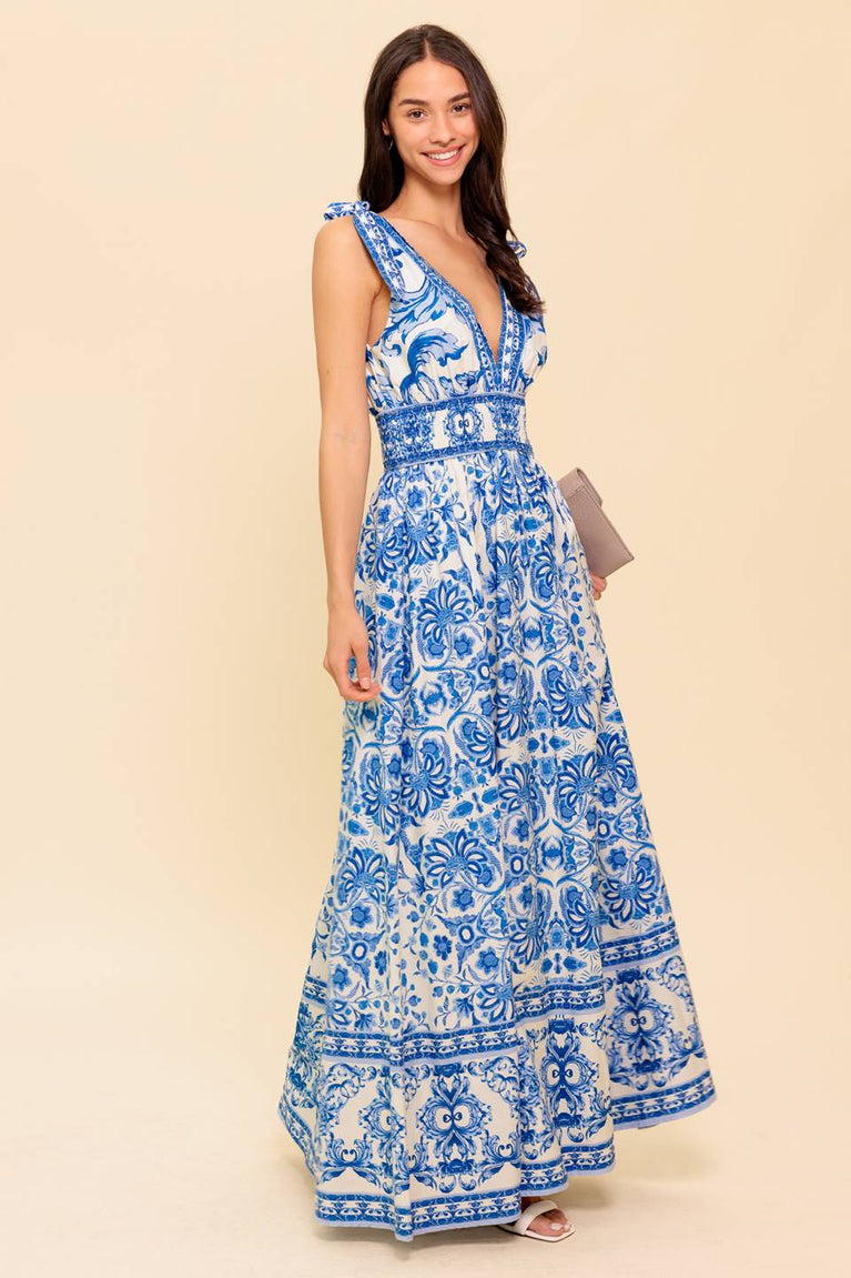 Ivory Blue Deep V-Neck Tie-Shoulder Floral Maxi Garden Party Dress Flying Tomato ID22288