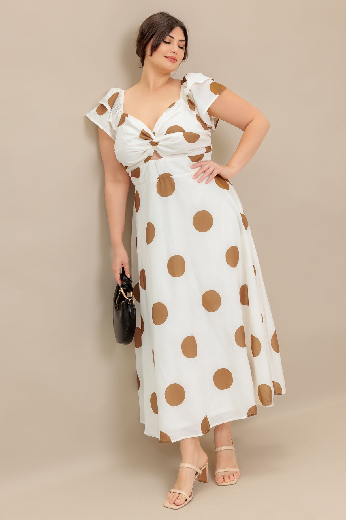 Ivory/Camel Sweetheart Tea-Length Chiffon Cocktail Ruffle Sleeve Cutout Dress Flying Tomato ID22364