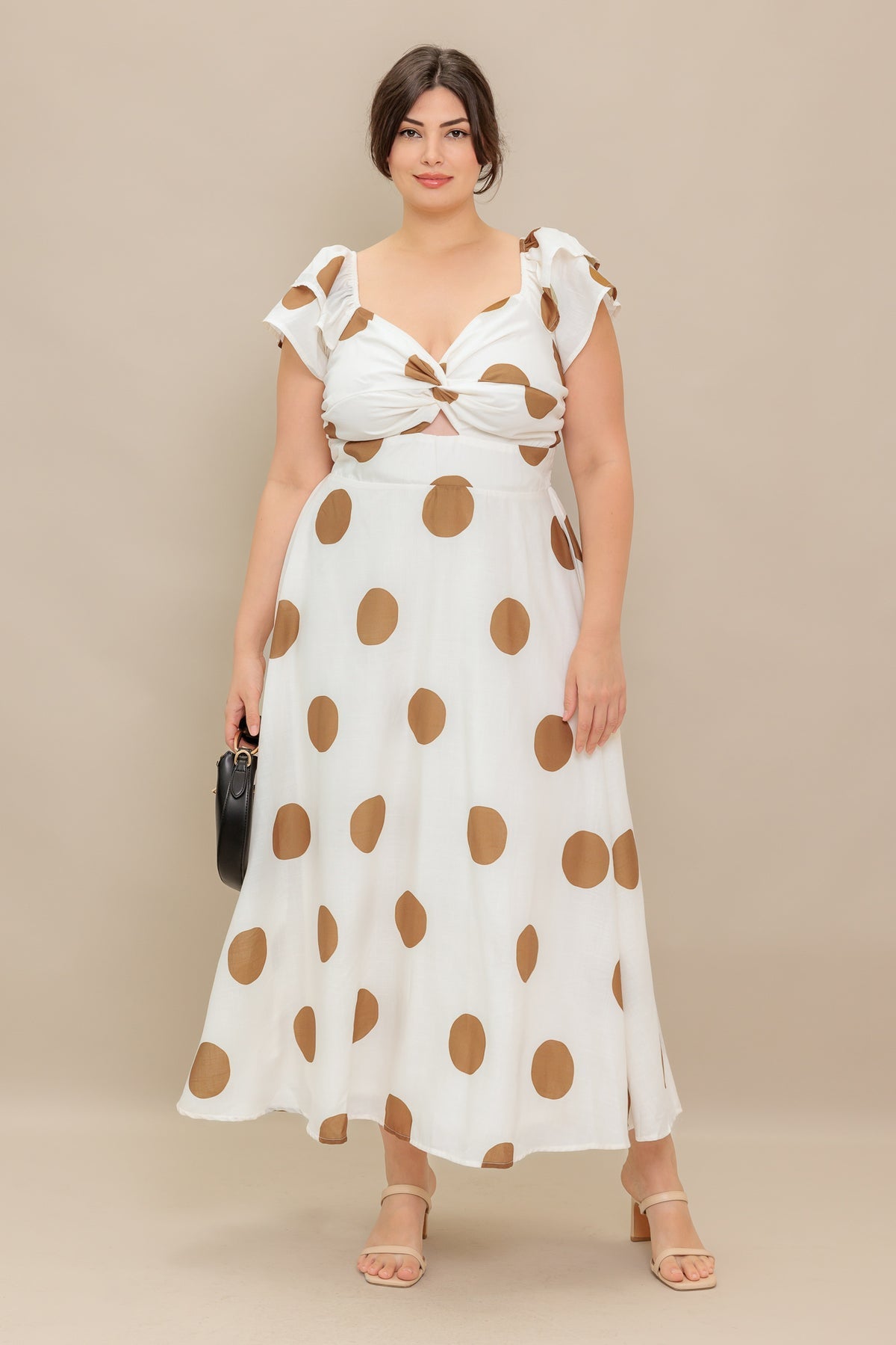 Ivory/Camel Sweetheart Tea-Length Chiffon Cocktail Ruffle Sleeve Cutout Dress Flying Tomato ID22364