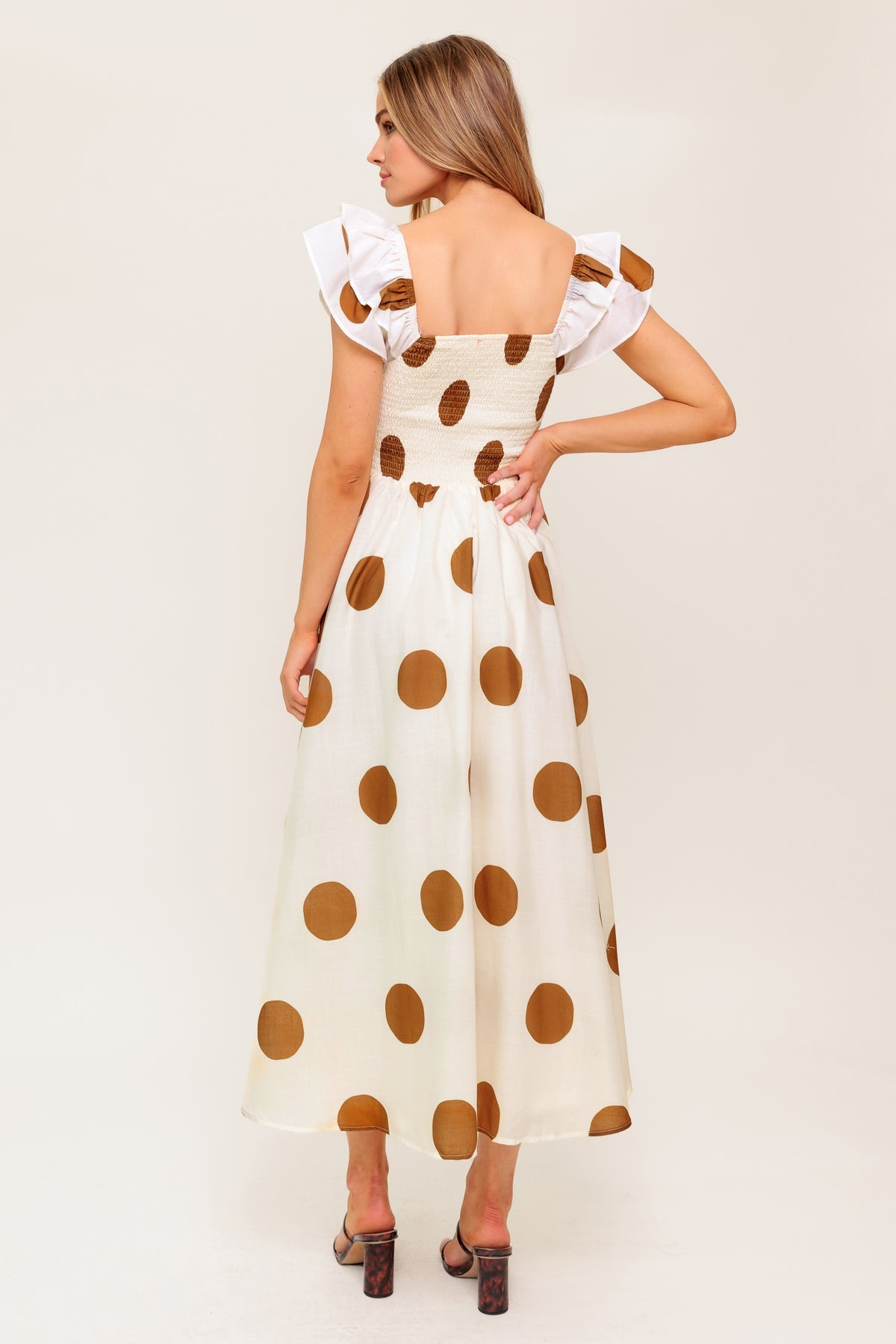 Ivory/Camel Sweetheart Tea-Length Chiffon Cocktail Ruffle Sleeve Cutout Dress Flying Tomato ID22364