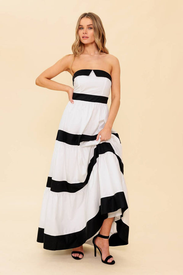 FLYING TOMATO Colorblock Strapless Tiered Cotton Maxi Dress in White/Black at Nordstrom Rack, Size Small