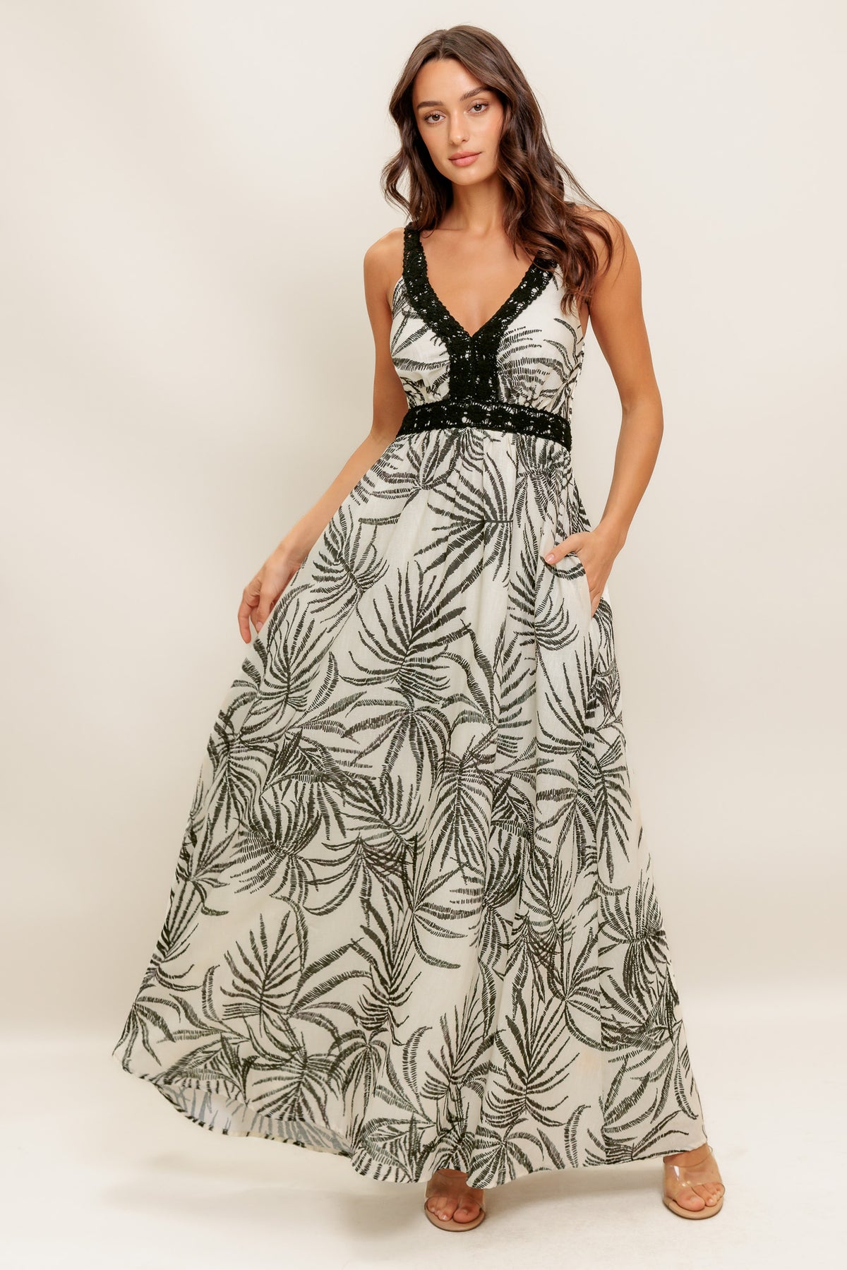 FLYING TOMATO Crochet Trim Maxi Dress in Ivory Black at Nordstrom Rack, Size Large