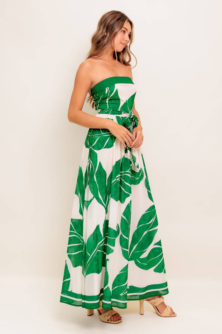 Ivory Green Strapless Tea-Length Tropical Leaf Print Cocktail Smocked Waist Dress Flying Tomato ID22476