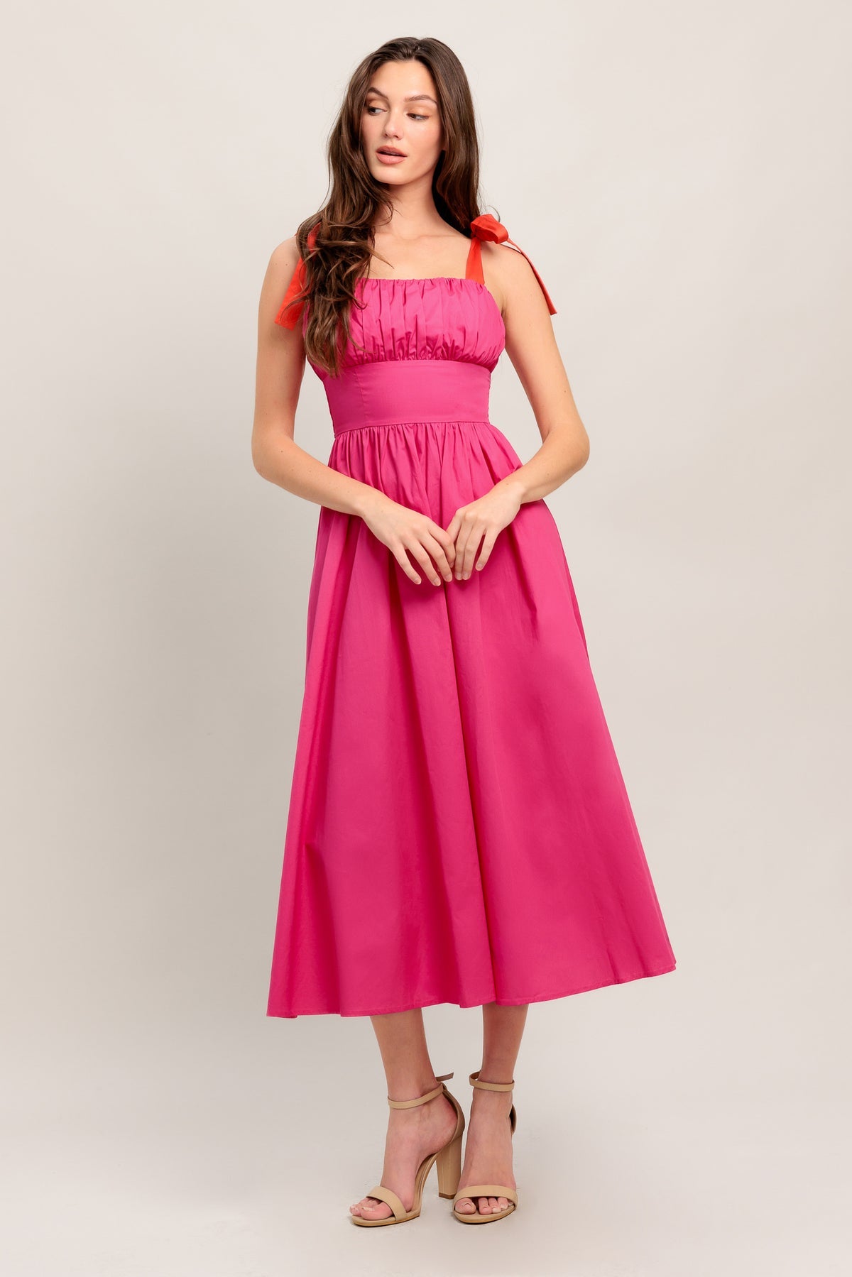 Fuchsia Square Neck Midi Cotton Poplin Party Dress with Tie Shoulder Cocktail Dress Flying Tomato ID22489